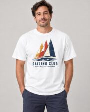 Man wearing the White Sailing Club Regatta T-shirt, front view, studio