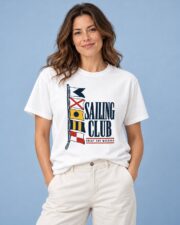 Woman wearing the White Sailing Club Signal Flags T-shirt, front view, studio