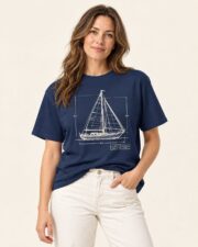 Woman wearing the True Navy Sail Plan blueprint T-shirt, front view, studio