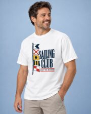 Man wearing the White Sailing Club Signal Flags T-shirt, three-quarter view, studio