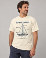 Man wearing the Ivory Anatomy of a Sailboat T-shirt, three-quarter view, studio