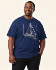 Man wearing the True Navy Sail Plan blueprint T-shirt, studio portrait