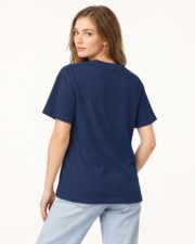 Back view of the True Navy Sail Plan T-shirt on a woman, studio