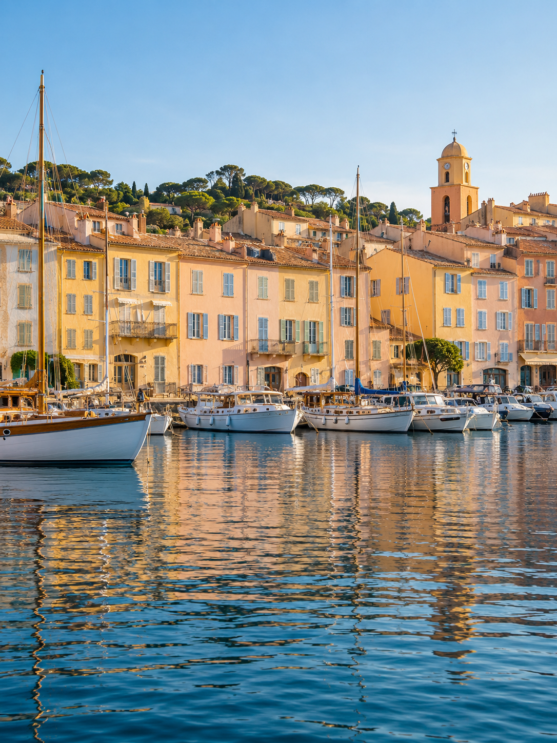 Sailing boats in a sunlit Riviera harbor with pastel waterfront buildings