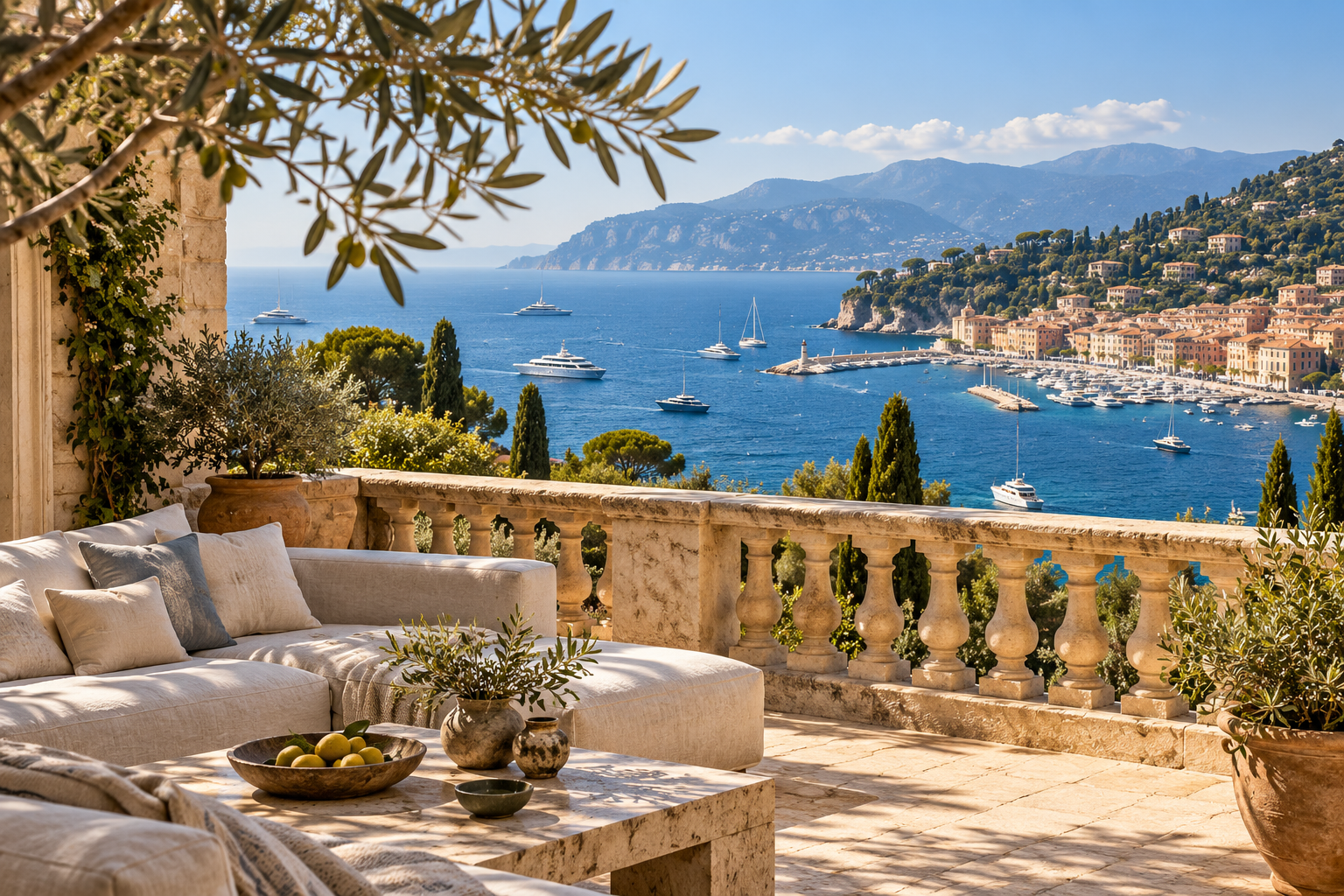 A sunny terrace with linen cushions overlooking the coast