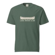 Blue Spruce Lake House Club Canoe T-shirt laid flat, front view