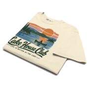 Folded Ivory Lake House Club Sunset T-shirt showing the lake sunset print