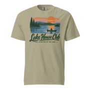 Khaki Lake House Club Sunset T-shirt laid flat, front view