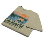 Folded Khaki Lake House Club Sunset T-shirt showing the lake sunset print