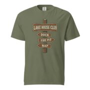 Moss Lake House Club Signpost T-shirt laid flat, front view