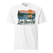 White Lake House Club Sunset T-shirt laid flat, front view