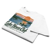 Folded White Lake House Club Sunset T-shirt showing the lake sunset print