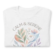 Close-up of the Calm & Serene watercolor botanical graphic on a folded white t-shirt